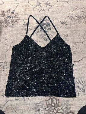 Black Sequin Cross-Back Cami Tank - Women